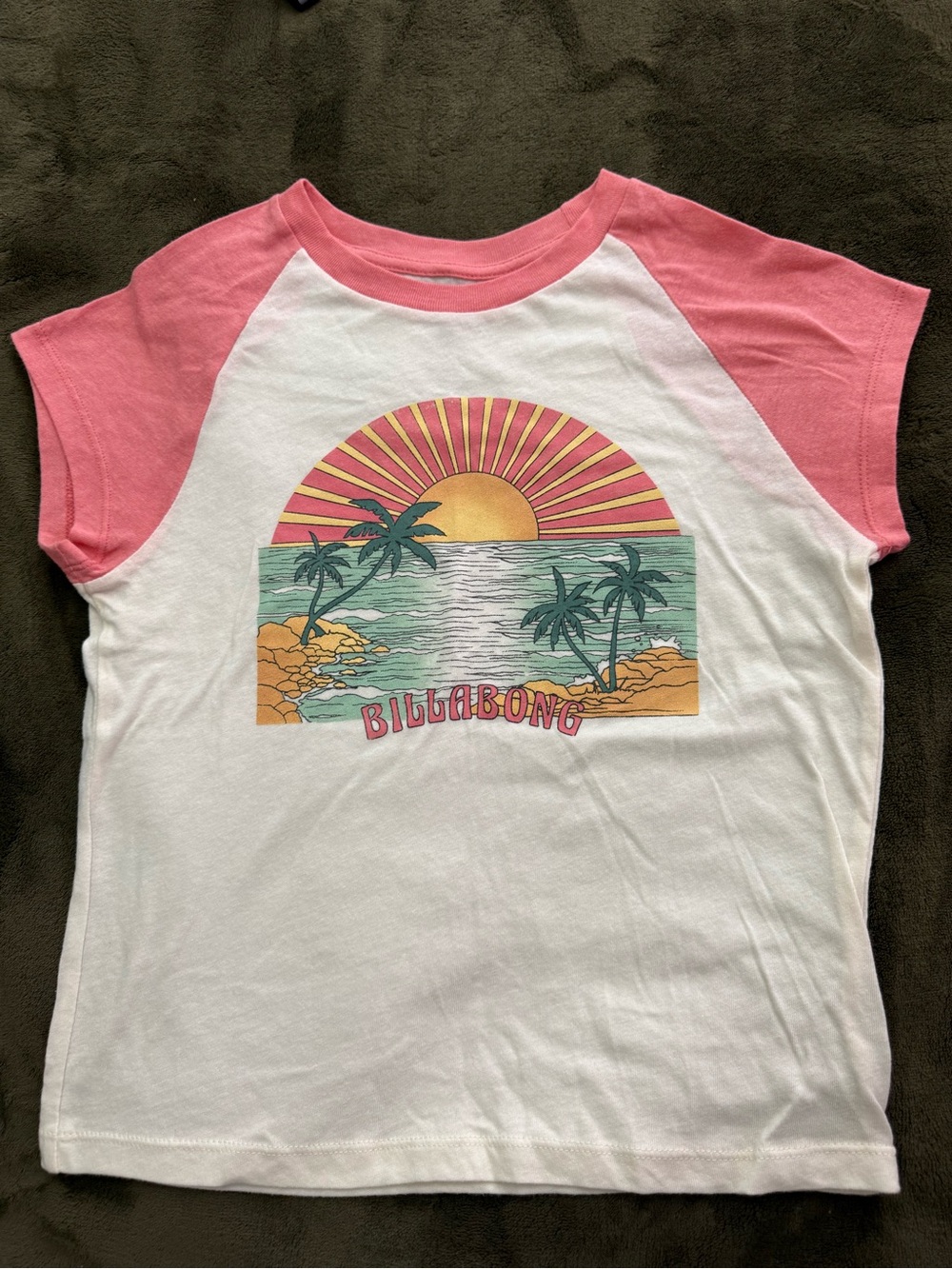 Billabong White Baby Style Tee with Coral Raglan Sleeves and Sunset Graphic